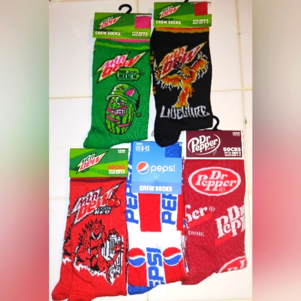 5 Pair Mt Dew Pepsi Dr. Pepper Adult Novelty Socks Size OS Fits Most Adults NWT
